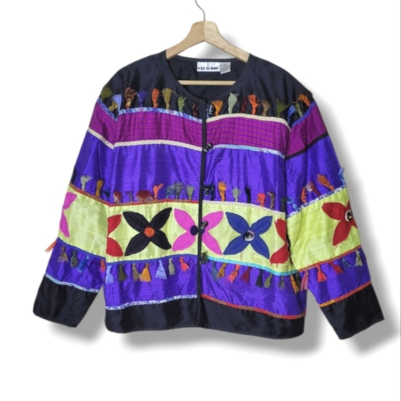 Liz & Me Silk Blend Jacket 2X Colorful Statement Art to Wear Embroidered Gallery - Picture 1 of 10